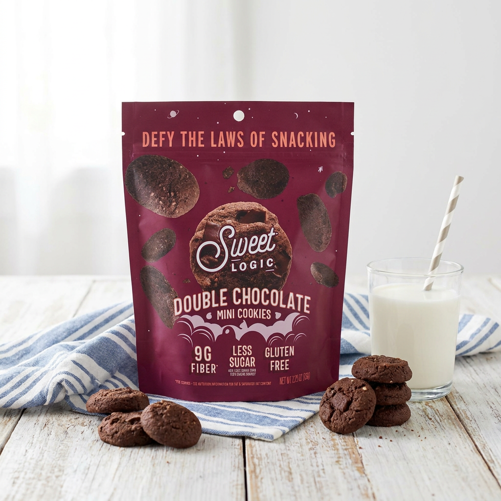 Double Chocolate mini cookies with a glass of milk