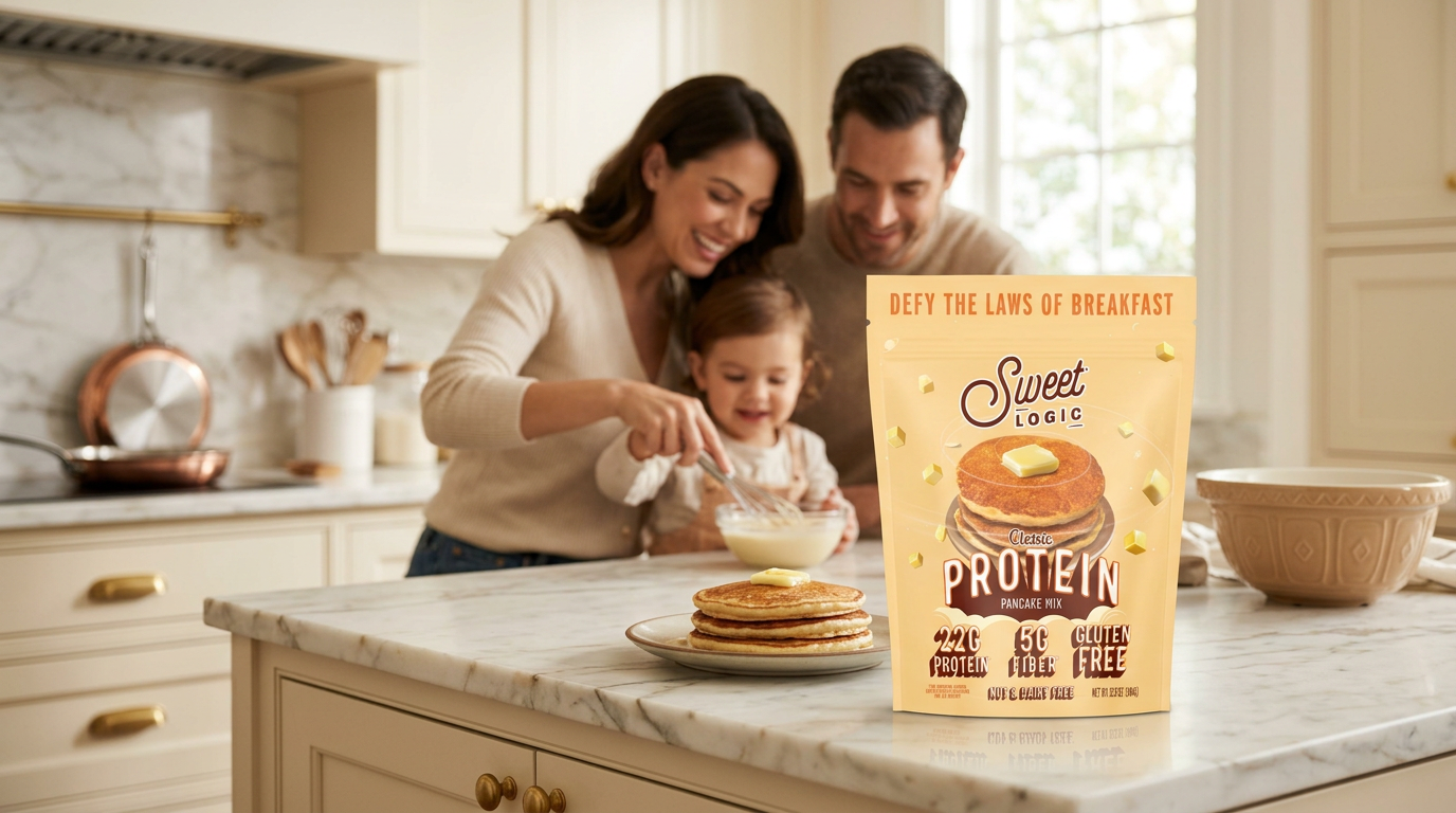 A family making Sweet Logic protein pancakes together in a bright kitchen