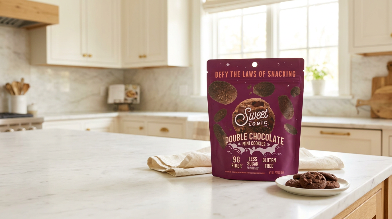 Sweet Logic Double Chocolate mini cookies in a bright white kitchen